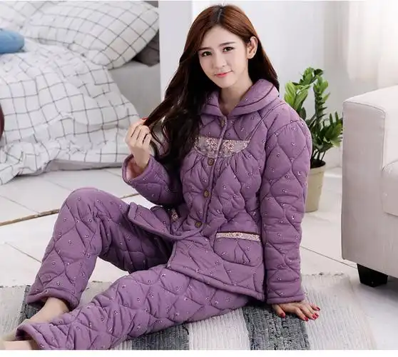 2016夹棉睡衣女冬季三层加厚纯棉长袖棉袄加大码女秋季家居服保暖套装