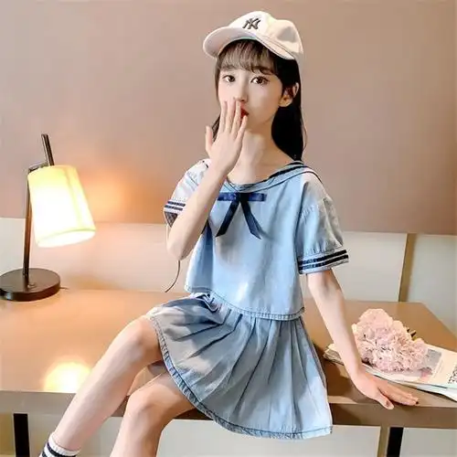 大童装12岁到15岁儿童衣服女夏天学院风百褶裙套11夏季学生学院风女孩