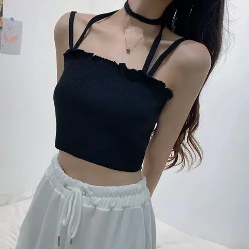 2021新款夏季性感挂脖吊带女露肩修身上衣外穿内搭小背心韩版潮黑色