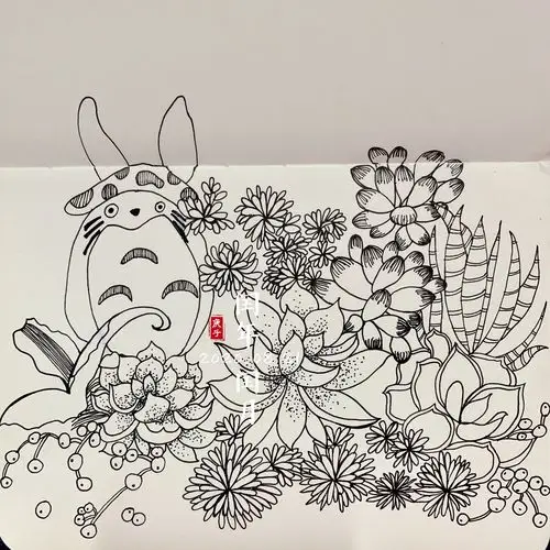 黑白线描龙猫