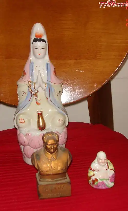 双手合十平安瓷观音菩萨像80年代高248cm宽8cm