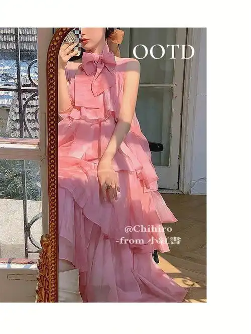 春日の穿搭粉色多层纱裙ootd