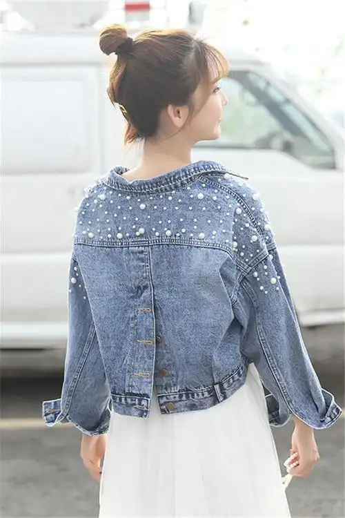 年钉珠牛仔外套女韩版小个子夹克上衣春秋装减龄短款牛仔衣潮