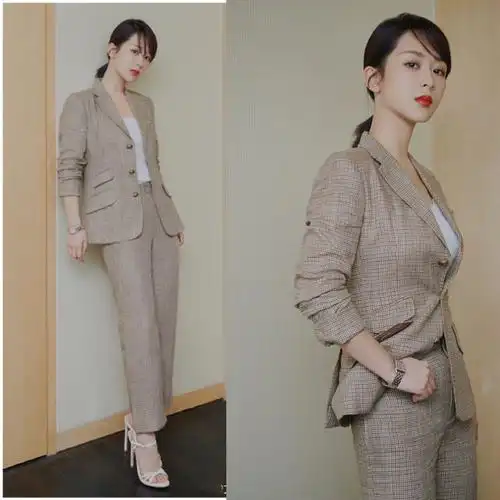 2019新款杨紫明星同款格纹西装显瘦韩版秋西服两件套ol西装套装女