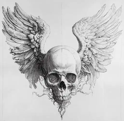 这幅线稿融合了神秘与力量,骷髅头的轮廓在羽翼的映衬