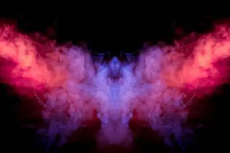 粉红色蛾火蛾,展开翅膀在黑色的背景上,霓虹灯明亮的漩涡烟雾紫色