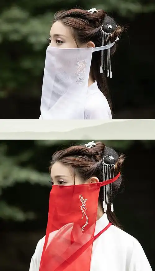 古风刺绣花面纱复古代汉服遮脸挂耳超仙古装汉服蒙面白色凤凰绑带面纱