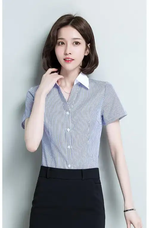 紫魅俏 条纹衬衫女短袖夏季商务职业装衬衣学生面试正装 蓝色条蝧 s