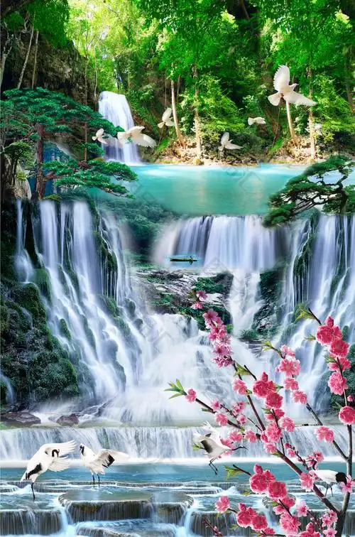 花鸟瀑布玄关画