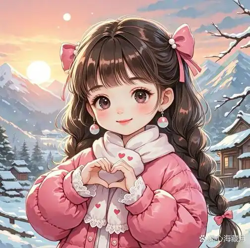 冬日雪景中,粉色女孩比心,温暖如春. #头像