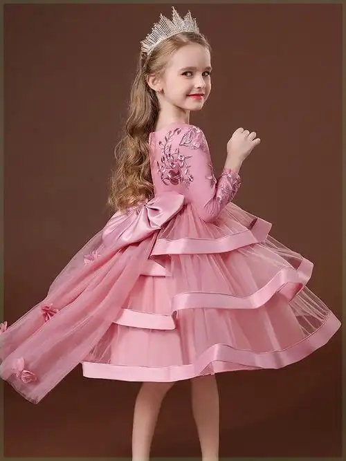 女童连衣裙夏女宝宝洋气公主裙礼服长袖舞蹈主持人表演拖尾蓬蓬裙