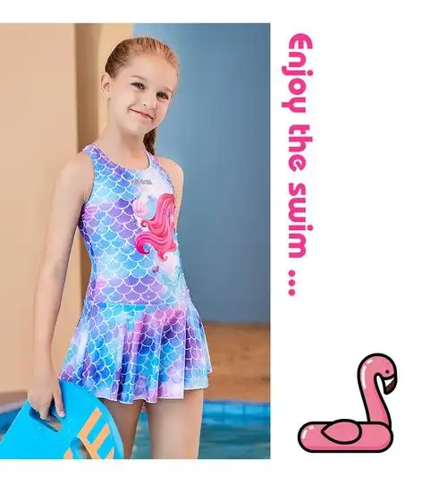洲克zoke儿童泳衣三角卡通图案中大童连体裙摆运动戏水游泳衣粉兰紫