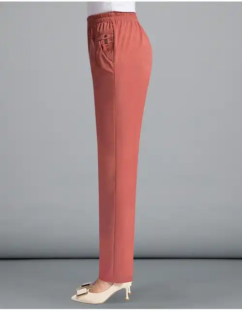 夏款中老年冰丝女裤妈妈薄款修身直筒中老年女裤夏天冰丝松紧高腰长裤