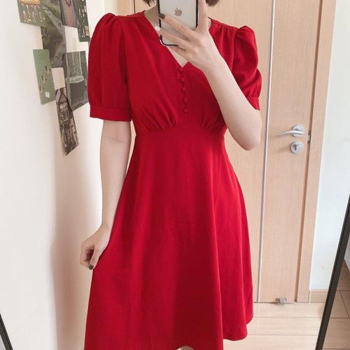 流金岁月朱锁锁倪妮同款夏季法式长裙子气质v领泡泡袖红色连衣裙