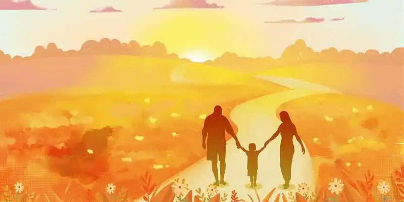 秋天插画手绘卡通浪漫黄昏手牵手一家三口感恩节背景图