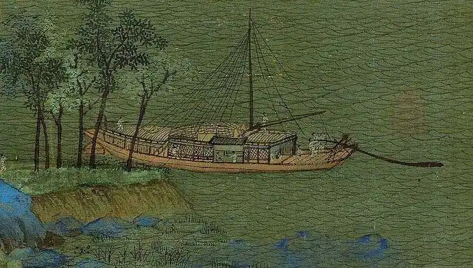 《千里江山图》,纵51.5厘米,横1191.5厘米,绢本,青绿设色,无款.