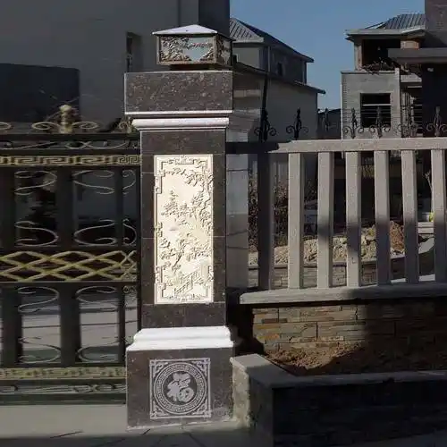 石雕门柱黄金麻欧式铁艺门口石柱子大理石分体实心门柱门墩雕塑摆件