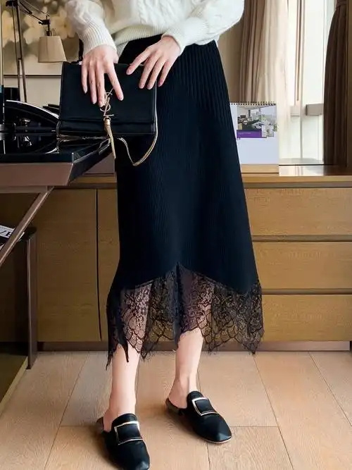 针织半身裙女新款秋冬裙子黑色不规则蕾丝下摆礼品袋