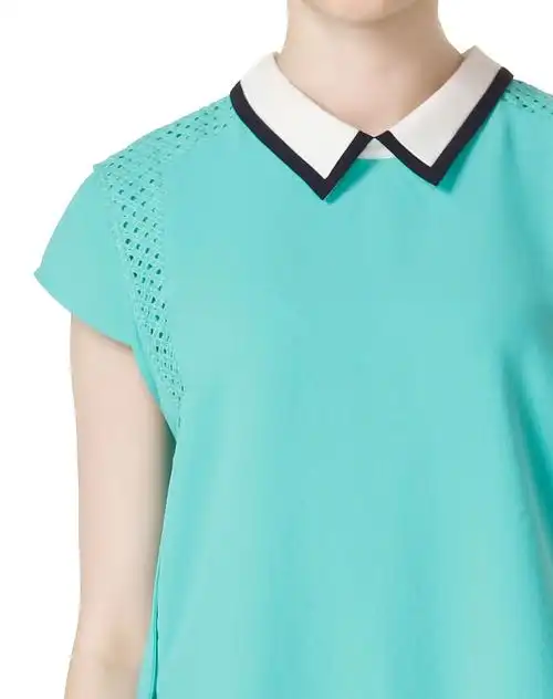 蓝绿色绣花翻领短袖上衣