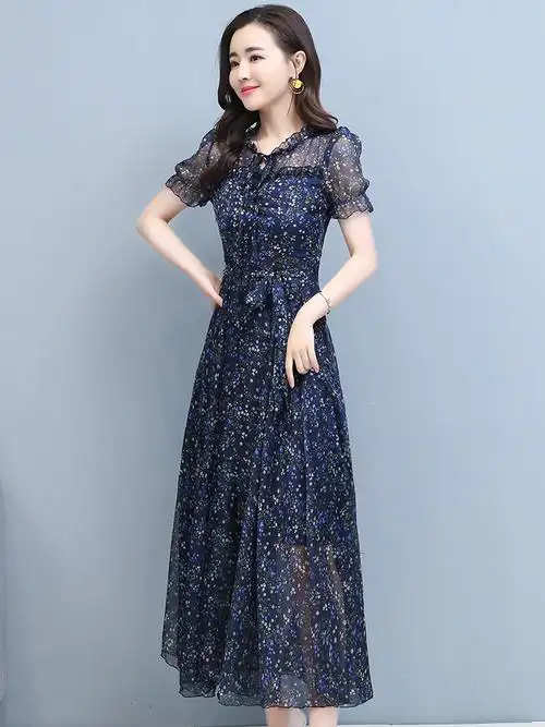 他他商城 女装 夏装女士新款长款真丝连衣裙碎花雪纺超仙收腰沙滩大摆