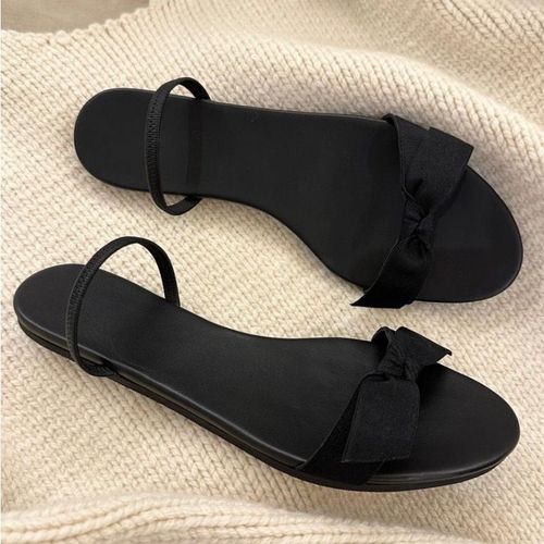 黑色平底一字带凉鞋女2024年夏季新款仙女风蝴蝶结两穿百搭凉拖潮