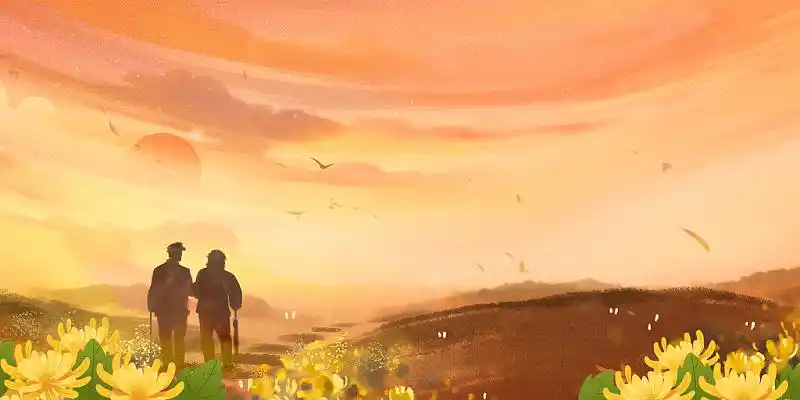 黄色古风唯美重阳剪影老夫妻背影重阳节菊花展板背景