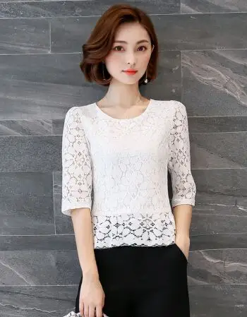白色蕾丝上衣女夏季短袖2019新款短款勾花镂空打底衫显瘦收腰小衫