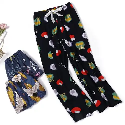 女夏棉绸宽松薄款睡裤人造棉绵绸九分长裤子家居空调裤阔腿裤外穿