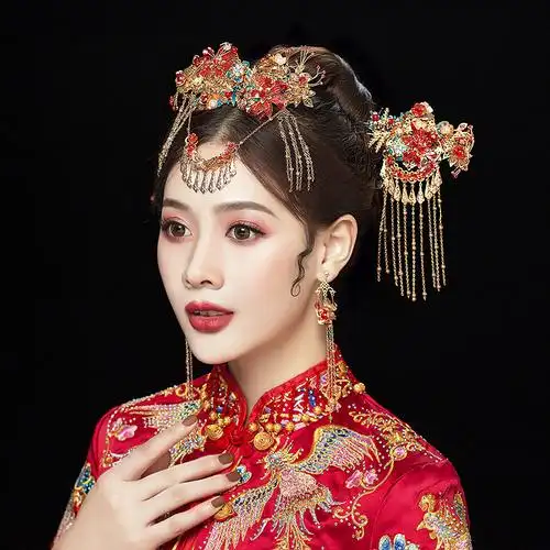 新娘中式婚礼秀禾服头饰大气古代步摇流苏禾秀服凤冠结婚秀禾发饰
