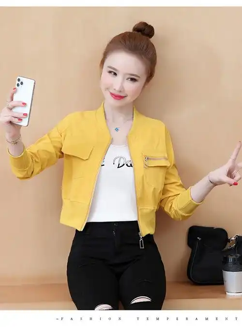 短款外套女装2022年春秋新款外套女士超短款齐腰棒球服上衣ins潮杏色s