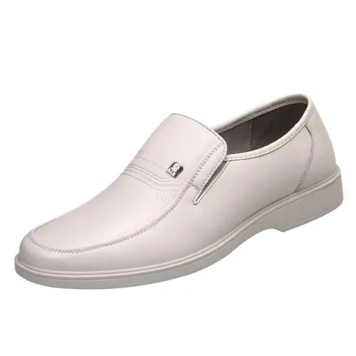 皮鞋老人头男鞋夏季透气男士真皮休闲米白白色单鞋