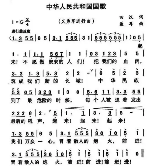 《义勇军进行曲》曲谱然而,无论是田汉还是聂耳,都未能在第一时间听到