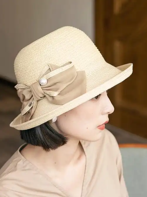 新款草帽女夏季拉菲草草编遮阳帽休闲防晒帽子日系百搭卷边太阳帽