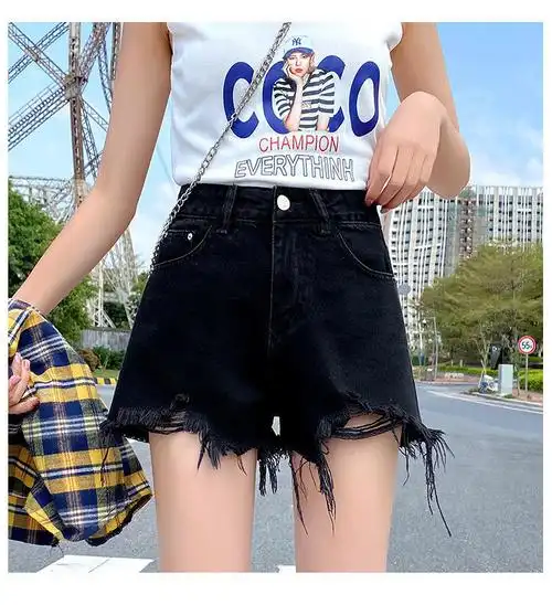 黑色牛仔裤女热裤破洞春夏短裤夏季女新款高腰显瘦毛边辣妹a字 - 17网