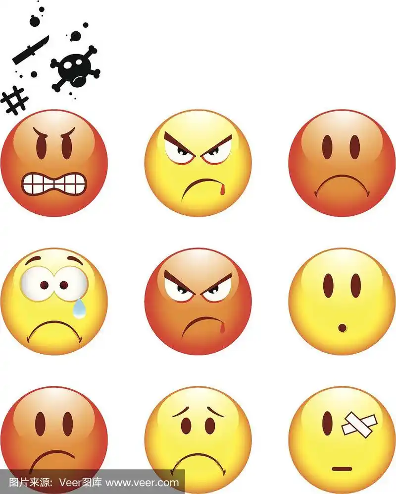 九种基于愤怒,悲伤和伤害的表情