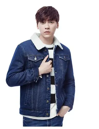 李易峰同款新款男牛仔外套韩版男装修身羊羔绒夹克青少年加绒上衣