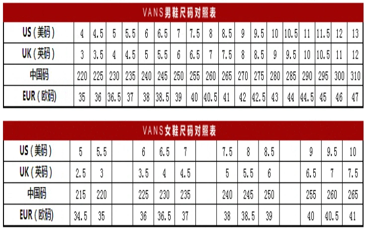 万斯vans的鞋码是比正常鞋码偏大半码的,每个品牌的尺码的标准都是不