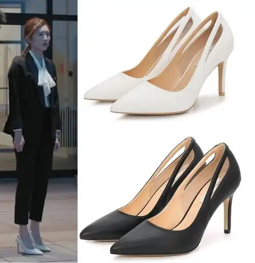江疏影明星同款春季新款白色尖头高跟鞋女细跟单鞋41大码42工作鞋