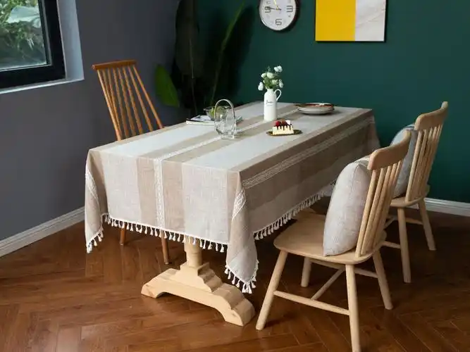 跨境爆款条纹路桌布派对流苏棉麻刺绣花节日纯色亚马逊餐桌垫台布