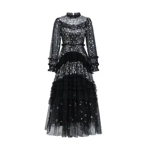 跨境中东亮闪闪年会礼服气质优雅名媛长裙高腰显瘦裙子网纱连衣裙