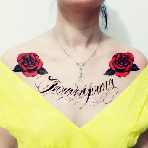 胸前锁骨纹身贴 女 防水持久性感胸部锁骨玫瑰英文韩国仿真刺青贴