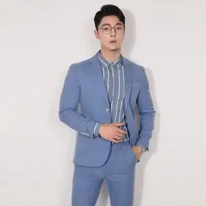 川泽男士浅蓝色小西装外套新款韩版修身单排扣西服上衣轻商务单西