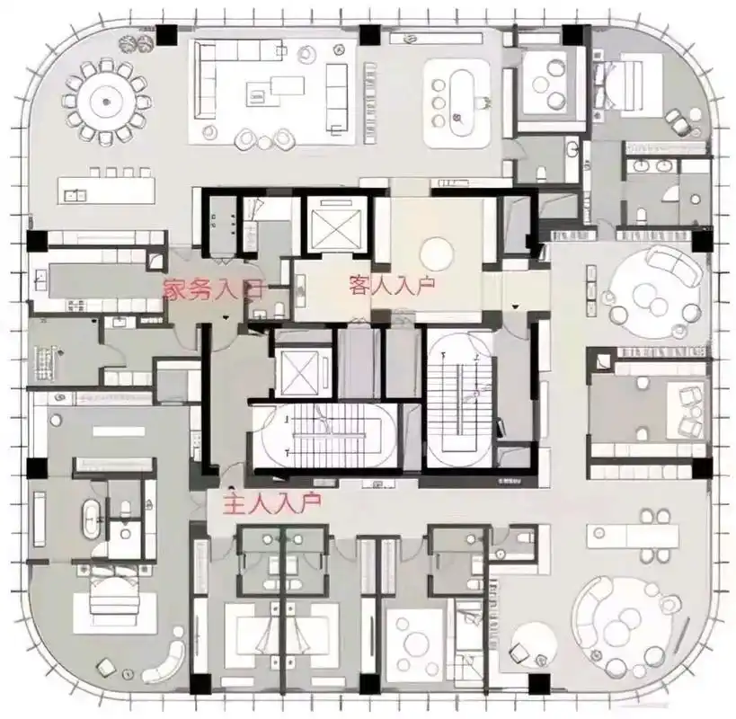 建筑面积800平米的大平层户型,主人回家,客人来访和保姆家务入口都不