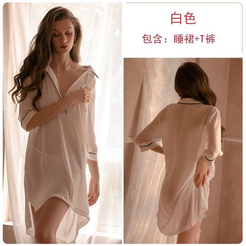瑰若品牌性感深v雪纺透视开襟私房睡衣男友衬衫睡裙家居服套装683