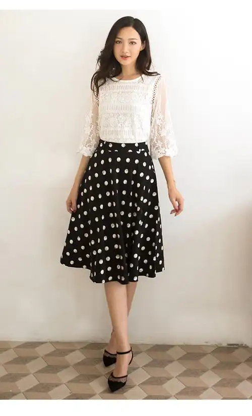 特尚莱菲 波点半身裙女2021秋新款中长款裙子高腰a字裙休闲显瘦伞裙
