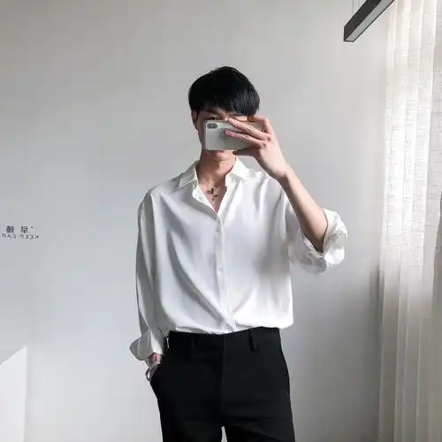 zpz/韩版男生气质白色免熨烫衬衫ins潮流青少年宽松百搭长袖衬衣