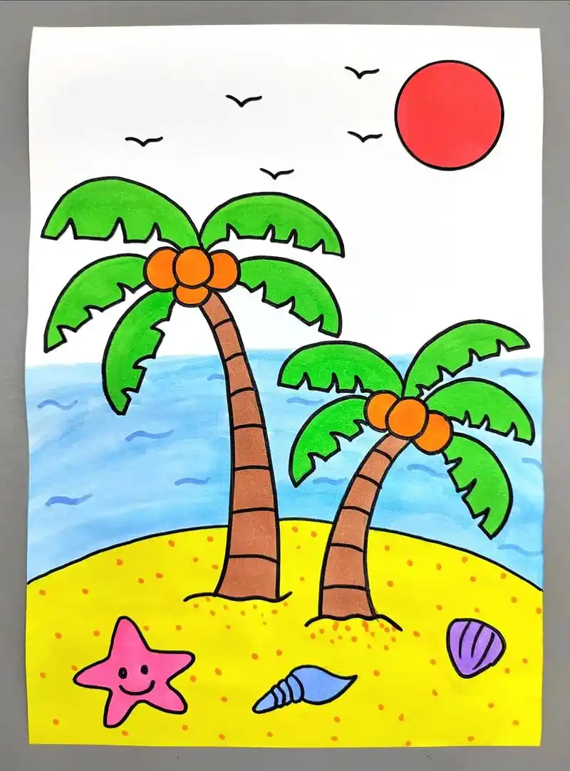 一起来画夏日海滩风景画吧,简单又好看 #夏日海滩简笔画 #夏 - 抖音