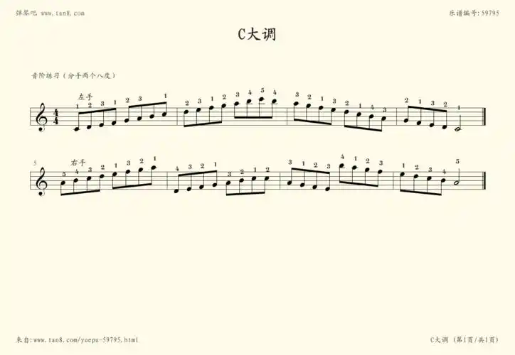 钢琴谱:c大调 左右手音阶练习