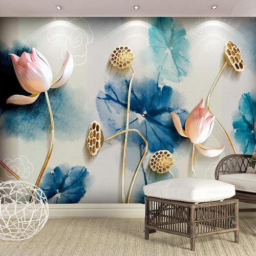 3d立体荷花荷叶水墨墙纸壁画客厅电视背景墙壁纸5d影视墙布无纺布
