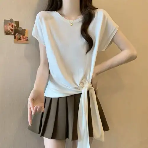 实拍~大码不规则下摆打结短袖t恤女夏季胖mm遮肚显瘦冰丝上衣 - 17网